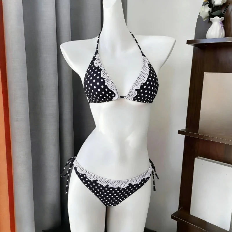 Kawaii Polka Dot Bikini-Set mit Neckholder-Trägern, zweiteiliger Badeanzug für Damen, süßer Stil, Strandparty-Badeanzug So ist Leben