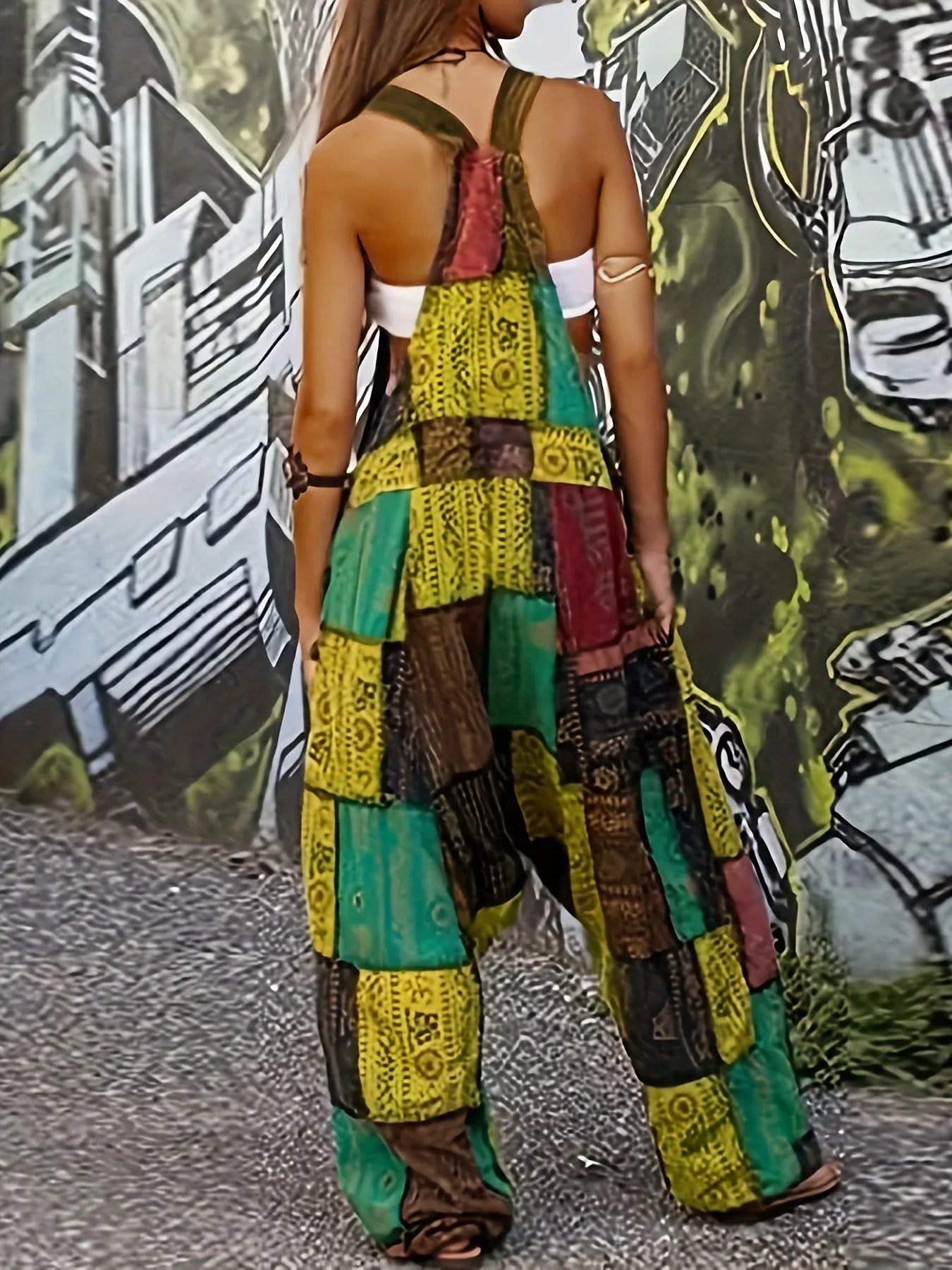 2024 Damen neuer Hip-Hop-Overall, heißer Stil, Hippie-Nähte, ethnischer Druck, ärmellos, lockere Haremtasche, Overalls, Grün So ist Leben