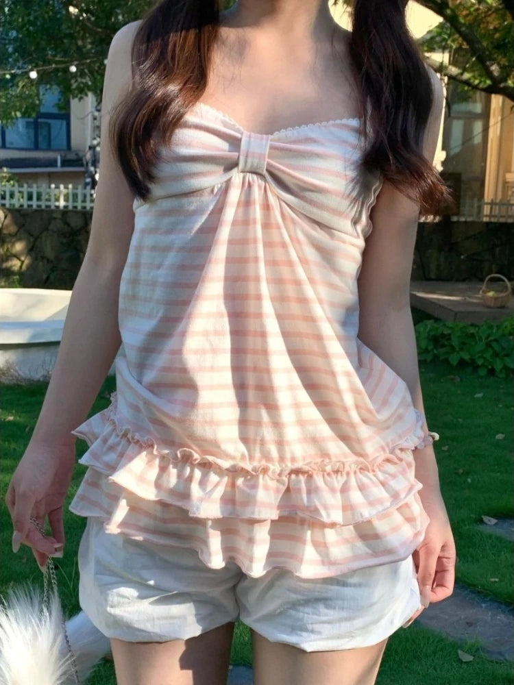 Deeptown Japanische Süße Camis Frauen Kawaii Gestreifte Rosa Schleife Ärmellose Weste Coquette Mode Niedlichen Sommer Slim Up Rüschen Tanks So ist Leben