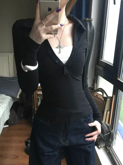 Genayooa American Retro Fake Two Pieces Tops Langarm Skinny Y2k Japanisches T-Shirt Damen Herbst 2000er Grunge Tops T-Shirt E-Girls So ist Leben