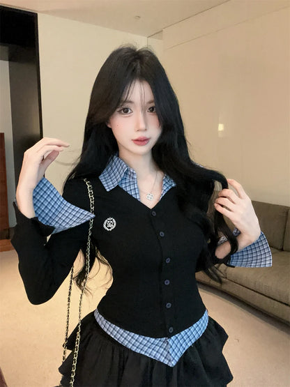 Herbst-Winter College-Style JK Uniform-Set Schlankmachendes Zweiteiler-Set mit Langarm-Oberteil und Puffrock in Halblänge So ist Leben
