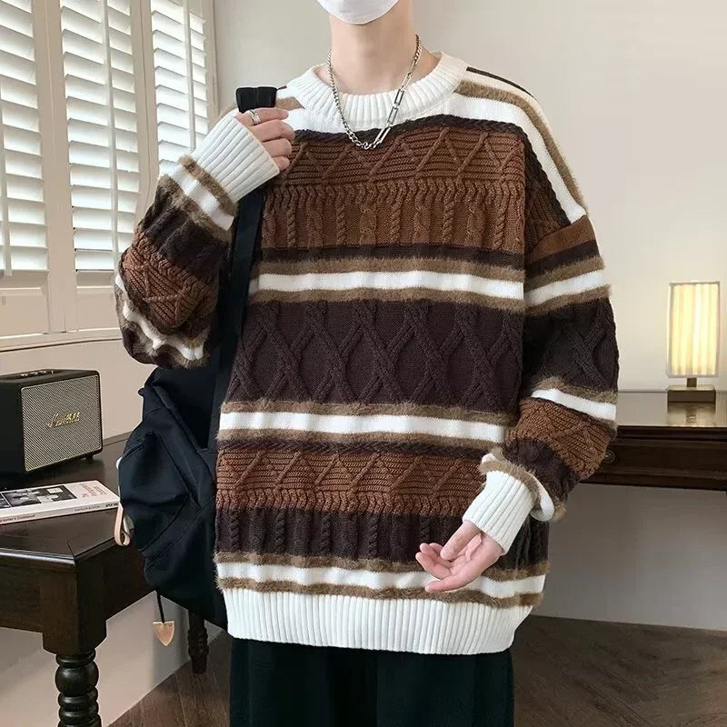 Winter Y2K Vintage Gestreifter Pullover Für Mann 2025, Neue Patchwork Baggy Gestrickte Pullover Koreanische Mode Streetwear Strickwaren Jersey So ist Leben