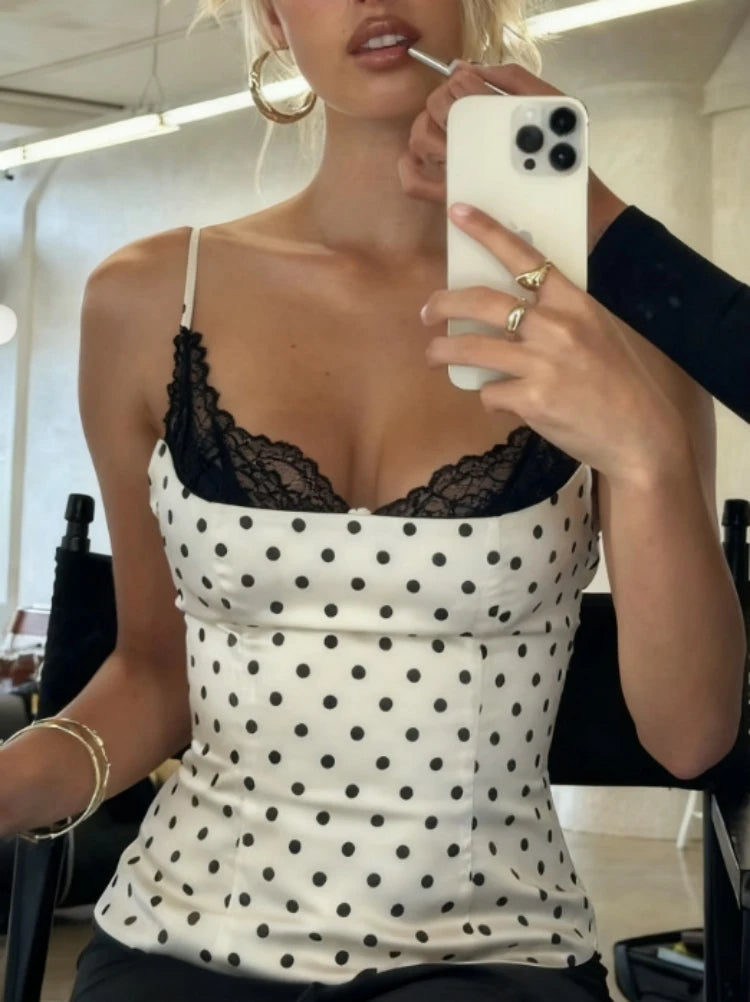 Elegantes Damen-Cami-Top mit Polka Dots und Spitzenbesatz, Sexy Rückenfreies Figurbetontes Camisole-Top, Sommer Vintage Y2k Tops Streetwear So ist Leben
