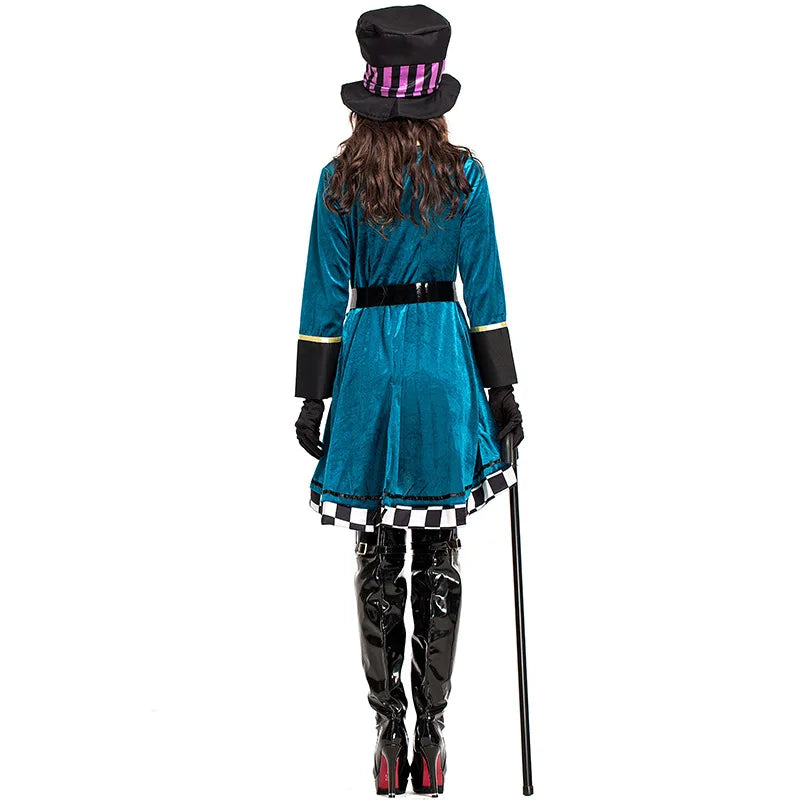 Alice im Wunderland Clown Verrückter Hutmacher Kostüm für Erwachsene Frauen Fantasie Sexy Zauberer Cosplay Halloween Karneval Magisches Kleid So ist Leben