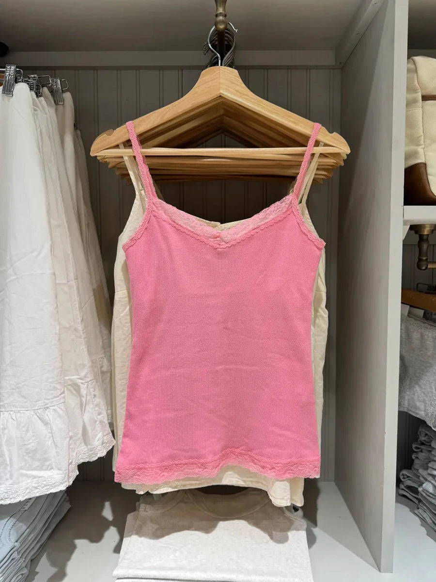 Geripptes Spitzenbesatz Slim Tank Top Damen Sommer Einfarbig Niedliches V-Ausschnitt Baumwoll-Camisole Weibliches Lässiges Einfaches Allround-Basic-Top Y2k Oberteile So ist Leben