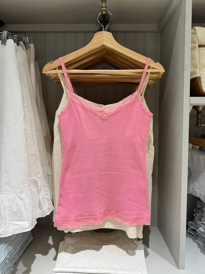Geripptes Spitzenbesatz Slim Tank Top Damen Sommer Einfarbig Niedliches V-Ausschnitt Baumwoll-Camisole Weibliches Lässiges Einfaches Allround-Basic-Top Y2k Oberteile So ist Leben
