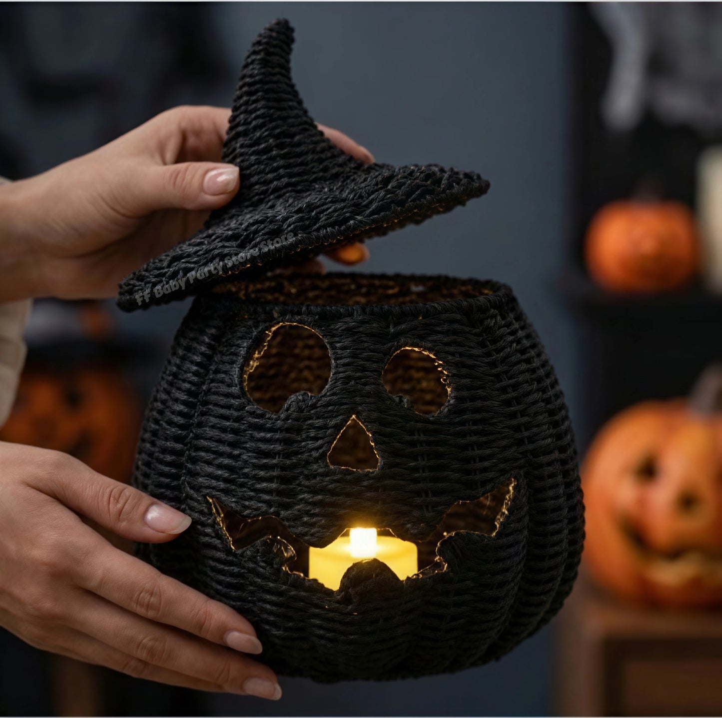 Halloween-Dekorationen Handgewebte Kürbislaterne aus Weide Hexenhut-Aufbewahrungsbox Dekorative Heim-Statue Ornamente Weihnachtsdekoration So ist Leben