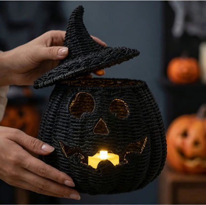 Halloween-Dekorationen Handgewebte Kürbislaterne aus Weide Hexenhut-Aufbewahrungsbox Dekorative Heim-Statue Ornamente Weihnachtsdekoration So ist Leben