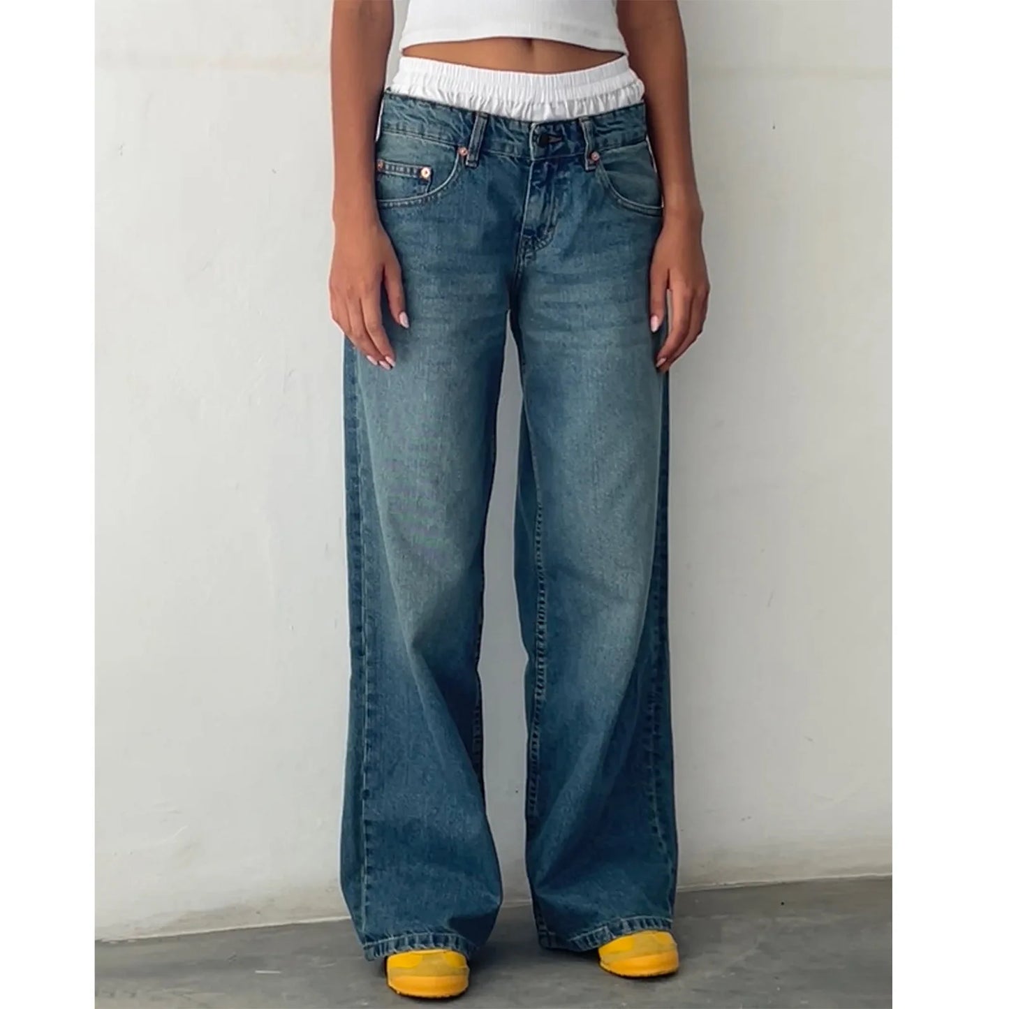 Retro Amerikanische Low-Waist Jeans ohne Stretch, Gerades Bein, Damen-Herbstmode, Weites Bein, Frischer Süßer Stil, Baumwolle So ist Leben
