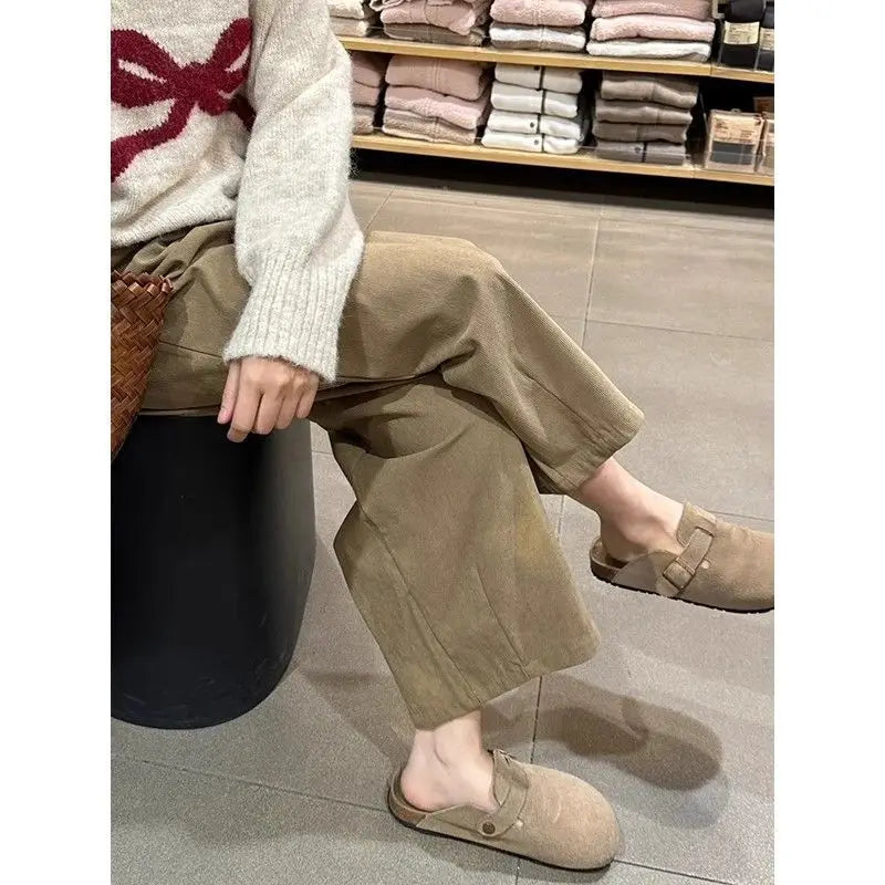 Hohe Taille Cord Hosen frauen Verdickt Fleece Herbst Winter Neue Stil Casual Lose Gerade Bein Abnehmen Breite Bein Hosen So ist Leben