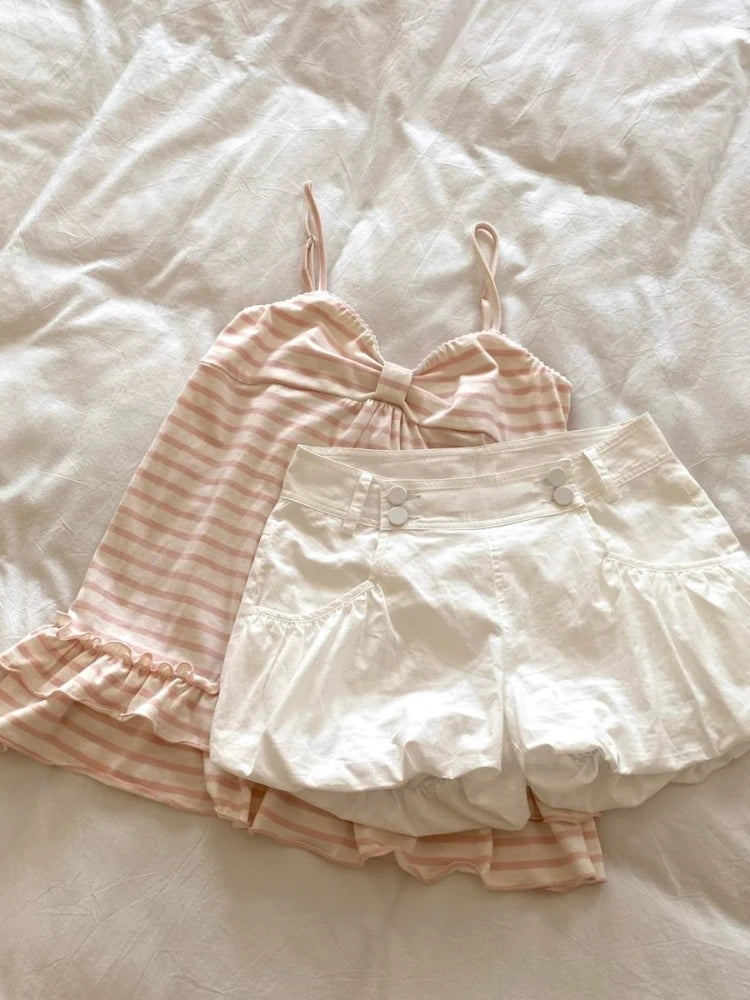 Deeptown Japanische Süße Camis Frauen Kawaii Gestreifte Rosa Schleife Ärmellose Weste Coquette Mode Niedlichen Sommer Slim Up Rüschen Tanks So ist Leben