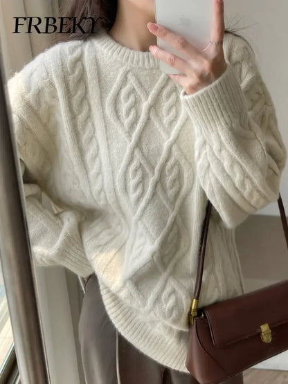 Pullover Frau Winter 2023 Rundhals Bodenbildung Twist Pullover Faul Wind Lose Beiläufige Stricken Pullover Langarm Pullover Jumper So ist Leben