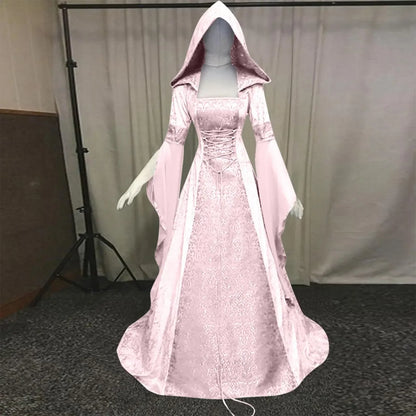Frauen Deluxe Hexen kleid mittelalter liche Renaissance Maxi Zug Kleid Halloween Teufel heid nische Hexe Hochzeit cos Kostüm Kapuzen kleid Robe So ist Leben
