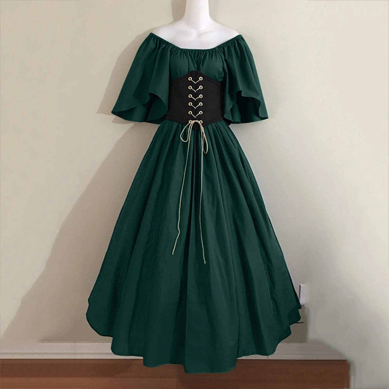Damen Patchwork Mittelalter Renaissance Kleid Halloween Gothic schulterfreies Retro Langes Kleid So ist Leben