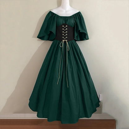 Damen Patchwork Mittelalter Renaissance Kleid Halloween Gothic schulterfreies Retro Langes Kleid So ist Leben