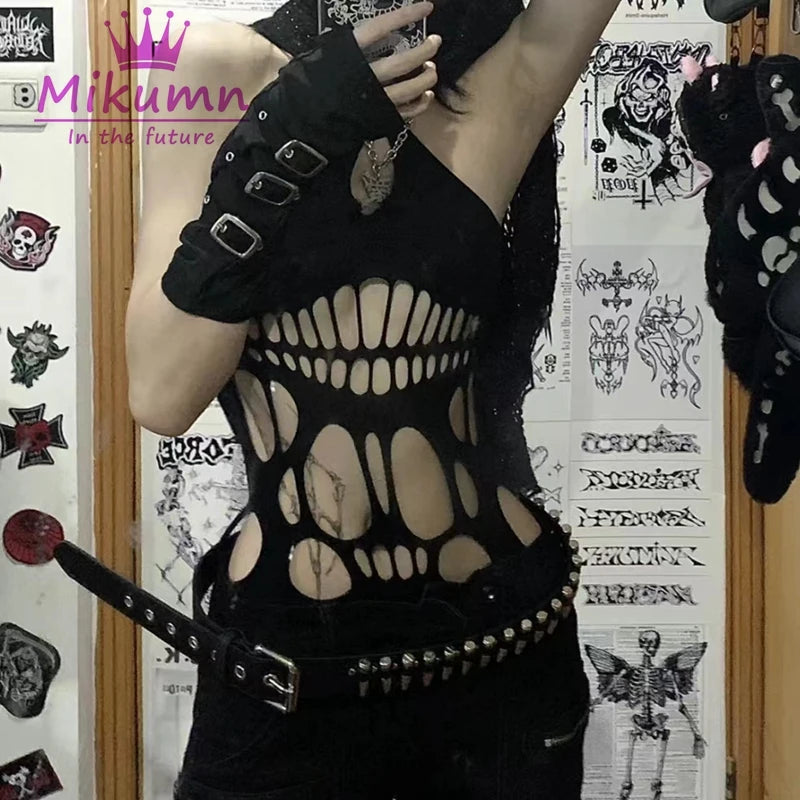 Punk Rock Sexy Cut Out Ärmellose Camis Tank Top Y2k Harajuku Gothic Frauen Elastische Hosenträger Mesh Leibchen Chic Streetwear So ist Leben