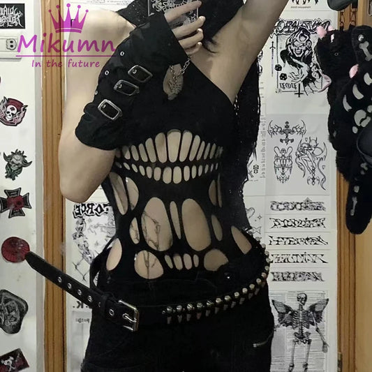 Punk Rock Sexy Cut Out Ärmellose Camis Tank Top Y2k Harajuku Gothic Frauen Elastische Hosenträger Mesh Leibchen Chic Streetwear So ist Leben