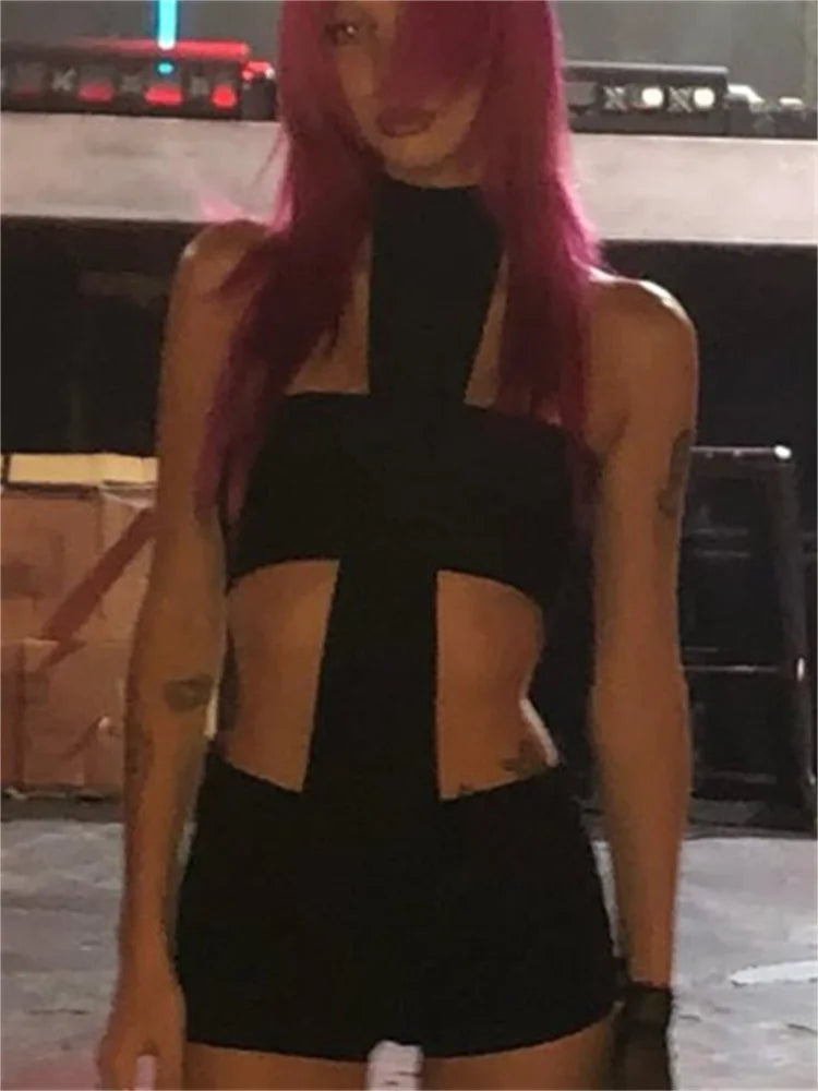 Seltsame Puss Sexy Halter Strampler Frauen Kreuz Hohl Taillen Ärmellose Trend Chic Hottie Solide Dünne Straße Clubwear Overall So ist Leben