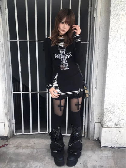 Geneyooa Gothic Vintage Damen T-Shirt Patchwork Fake Two Pieces Tops Streetwear Y2k Japanische T-Shirts 2000er Jahre Ästhetische T-Shirts So ist Leben