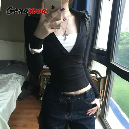 Genayooa American Retro Fake Two Pieces Tops Langarm Skinny Y2k Japanisches T-Shirt Damen Herbst 2000er Grunge Tops T-Shirt E-Girls So ist Leben