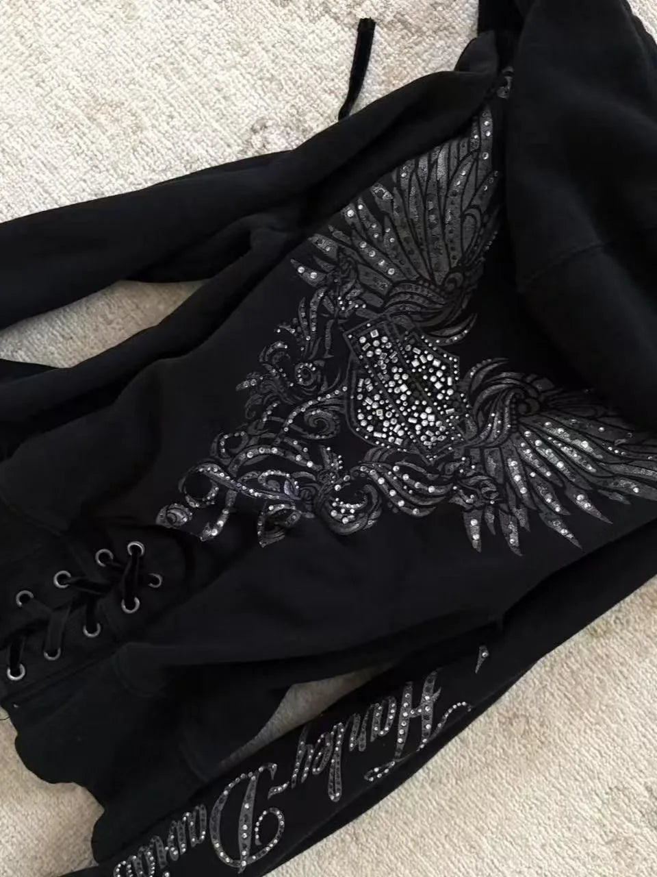 Y2K Gothic Kordelzug Design Schwarz Reißverschluss Sweatshirt Damen Jacke Mantel Harajuku Brief Grafik Sexy Slim Hoodie Herbst Kleidung So ist Leben