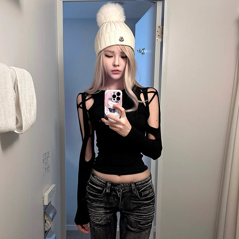 Crop Tops T-shirts für Frauen Oansatz Langarm Schwarz Tees Mode Lässig Koreanische Camisetas Y2k Top Aushöhlen Sexy Sommer T-shirt So ist Leben