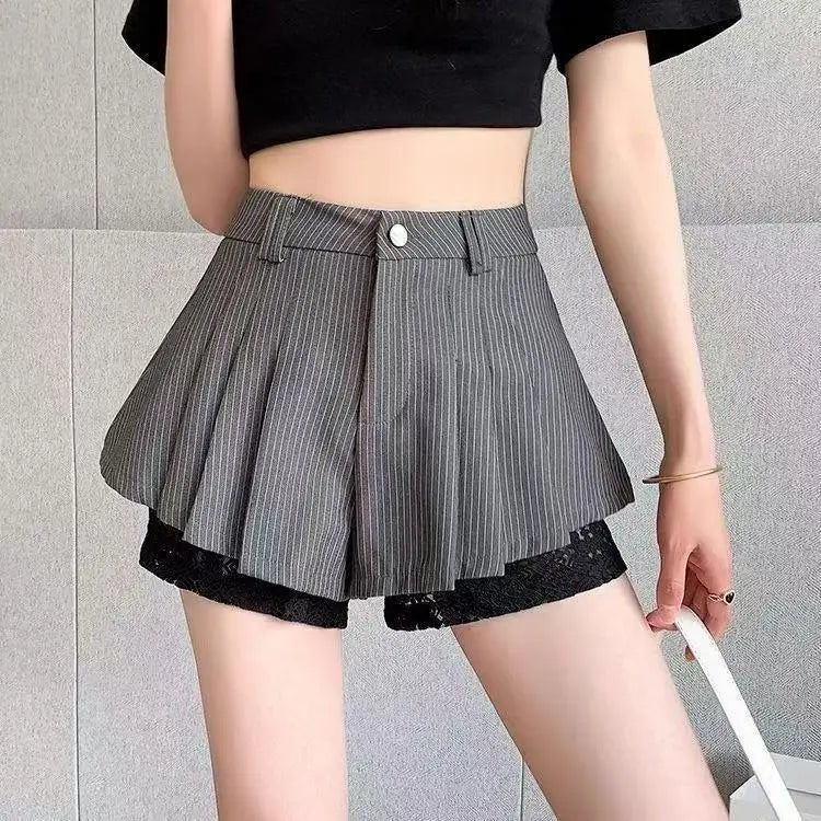 Koreanische Süße Spitze Spleißen Design Hohe Taille Plissee Abnehmen Modische A-Linie Mini Rock Hosen für Kurze Frauen So ist Leben