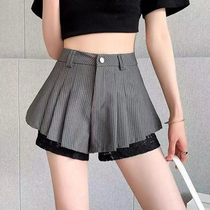 Koreanische Süße Spitze Spleißen Design Hohe Taille Plissee Abnehmen Modische A-Linie Mini Rock Hosen für Kurze Frauen So ist Leben