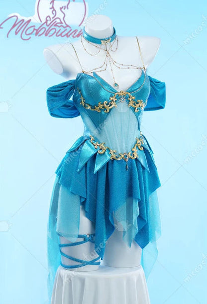 MOBBUNNY Damen Bloom Derivative Sexy Dessous-Kleid, tief ausgeschnitten, unregelmäßiges blaues Kleid mit Ärmeln, Halsband, Cosplay-Kostüm So ist Leben