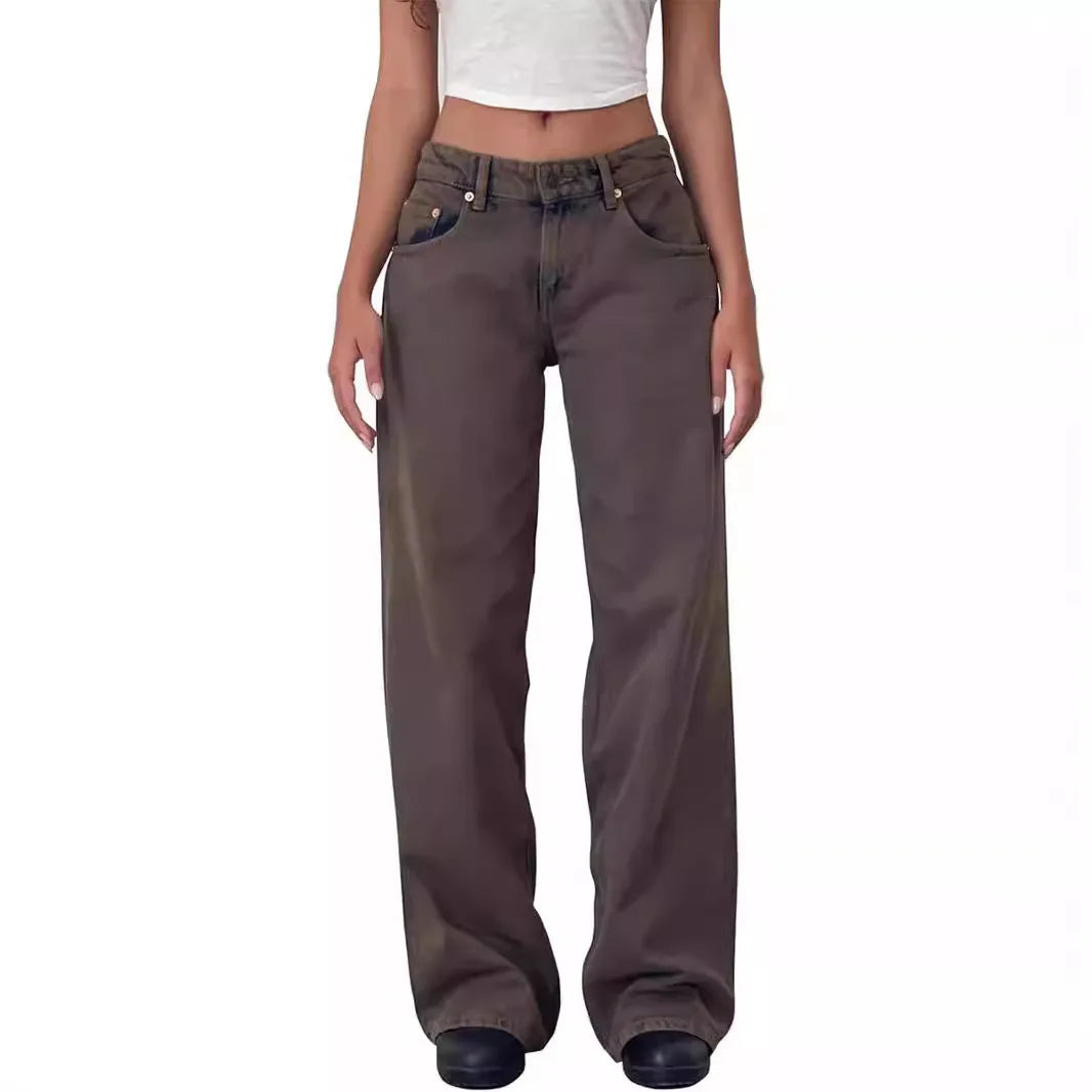 Retro Amerikanische Low-Waist Jeans ohne Stretch, Gerades Bein, Damen-Herbstmode, Weites Bein, Frischer Süßer Stil, Baumwolle So ist Leben