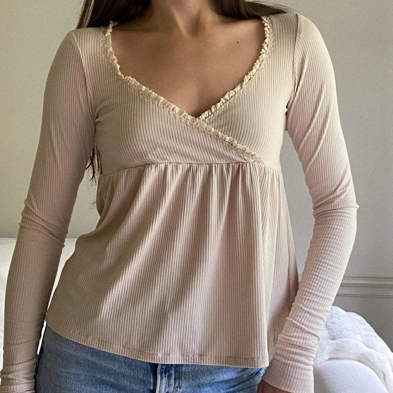 Coquette Vintage Milkmaid Pullover T-Shirts Süßes Y2K geripptes Babydoll Langarm Top Preppy Rüschenbesatz V-Ausschnitt T-Shirt Herbstkleidung So ist Leben
