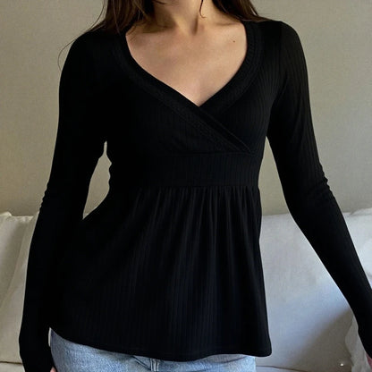 Frauen Fee Y2k Cottage T-shirt Kokette V-ausschnitt Langarm Babydoll Tees Herbst Frühling Casual Pullover Tops Vintage Kleidung So ist Leben