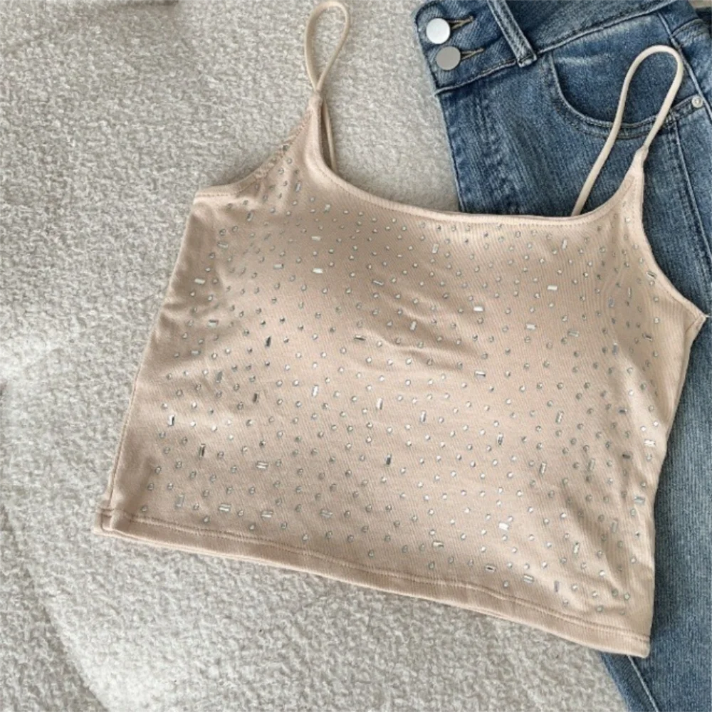 Baumwoll-Diamant-Verzierte Weste mit Gepolsterten Cups, Hochelastisches Pailletten-Camisole, Figurformende Einfarbige Weste, Party-Blusen So ist Leben