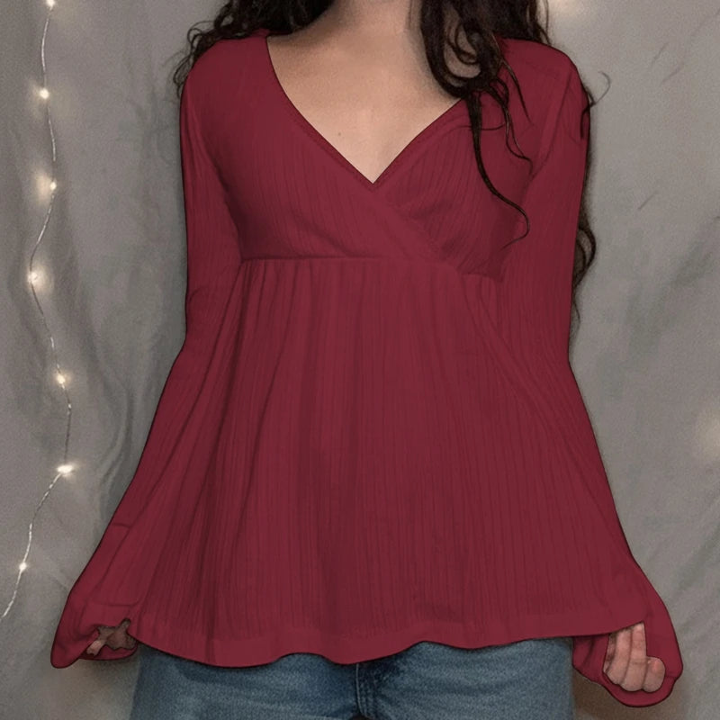 Frauen Fee Y2k Cottage T-shirt Kokette V-ausschnitt Langarm Babydoll Tees Herbst Frühling Casual Pullover Tops Vintage Kleidung So ist Leben