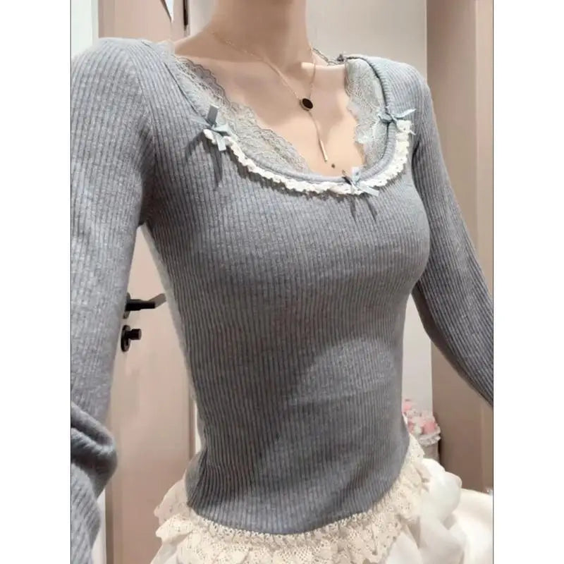 Herbst Französisch Elegante Sexy Coquette Tops frauen Y2k Elegante Streetwear T Shirt Bogen Spitze Patchwork Schlank Süße Tees So ist Leben