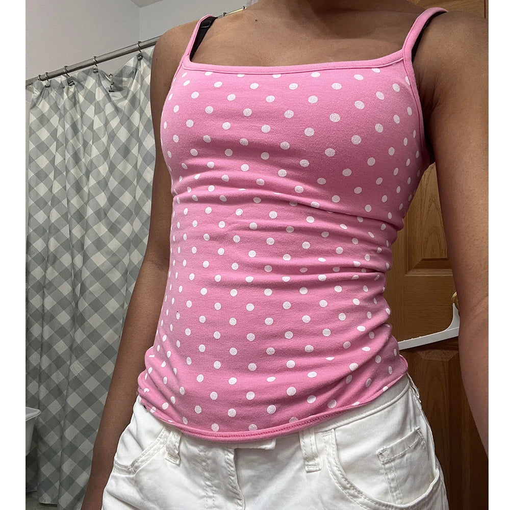 Damen Sommer Süße Sexy Polka Dot Tanktops Ärmellos mit Spaghettiträgern für Ausgehen Basic Slim Fit Crop Tops Camisole Streetwear So ist Leben