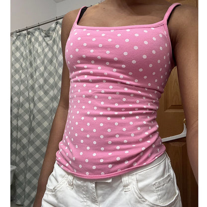 Damen Sommer Süße Sexy Polka Dot Tanktops Ärmellos mit Spaghettiträgern für Ausgehen Basic Slim Fit Crop Tops Camisole Streetwear So ist Leben