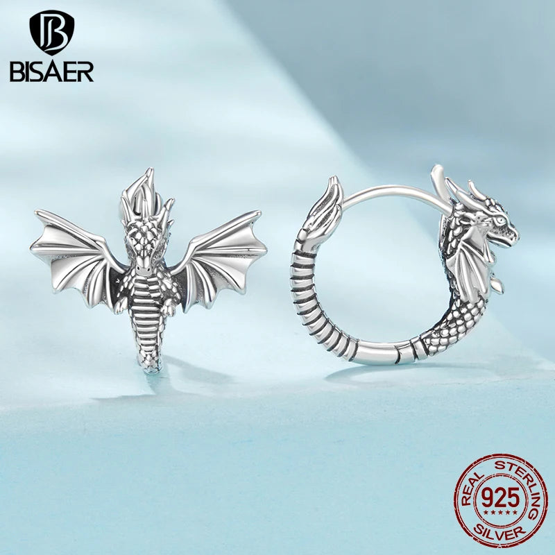 BISAER Echt 925 Sterling Silber Fliegender Drache Creolen Retro 3D Drachen Ohr Haken für Punk Hip Hop Frauen Party Edlen schmuck So ist Leben
