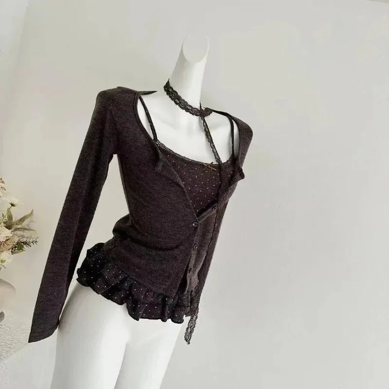 Herbst Französisch Elegante Sexy Coquette Tops frauen Y2k Elegante Streetwear T Shirt Bogen Spitze Patchwork Schlank Süße Tees So ist Leben
