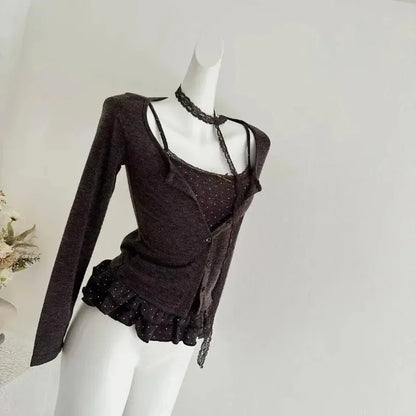 Herbst Französisch Elegante Sexy Coquette Tops frauen Y2k Elegante Streetwear T Shirt Bogen Spitze Patchwork Schlank Süße Tees So ist Leben
