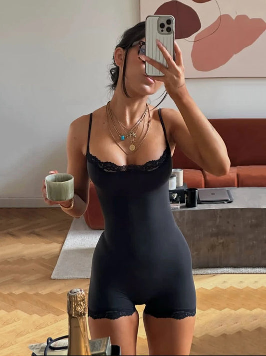 Spitze Trim Schlank Playsuits Frau Hohe Elastizität Verstellbaren Riemen Dünne Body Solide Mode Streetwear Glatte einteiliges Tops So ist Leben