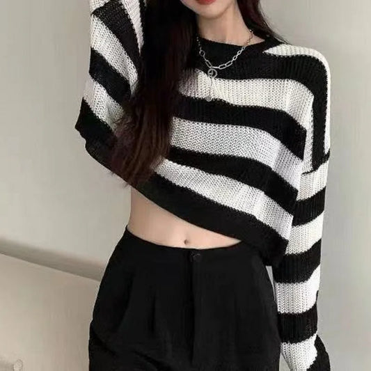 Neue Koreanische Stil Gestreiften Abgeschnitten Pullover Frauen Vintage Oversize Stricken Jumper Weibliche Herbst Lange Hülse O-ansatz Pullover Tops So ist Leben
