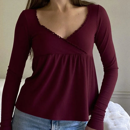 Coquette Vintage Milkmaid Pullover T-Shirts Süßes Y2K geripptes Babydoll Langarm Top Preppy Rüschenbesatz V-Ausschnitt T-Shirt Herbstkleidung So ist Leben