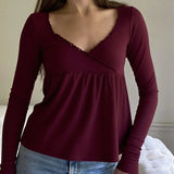 Coquette Vintage Milkmaid Pullover T-Shirts Süßes Y2K geripptes Babydoll Langarm Top Preppy Rüschenbesatz V-Ausschnitt T-Shirt Herbstkleidung So ist Leben