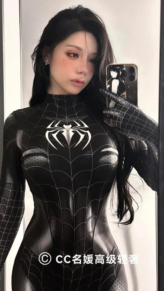 Sexy schwarze Katze Superheld Cosplay Kostüm für Spinne Frauen Halloween Kostüm Weihnachten eng 3D-Druck Jumpuit Bodysuit Mädchen So ist Leben