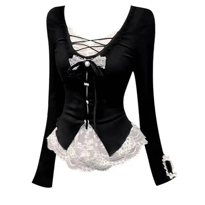 Herbst Französisch Elegante Sexy Coquette Tops frauen Y2k Elegante Streetwear T Shirt Bogen Spitze Patchwork Schlank Süße Tees So ist Leben