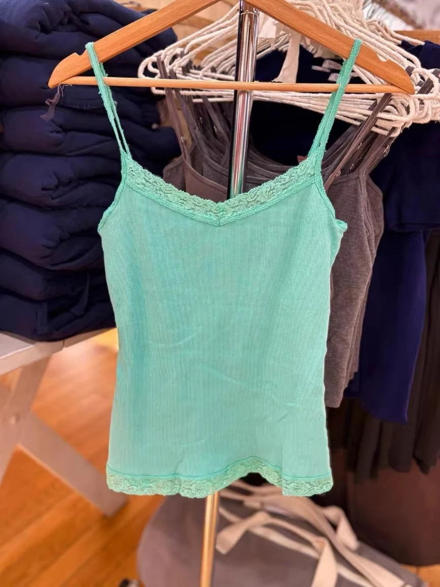 Geripptes Spitzenbesatz Slim Tank Top Damen Sommer Einfarbig Niedliches V-Ausschnitt Baumwoll-Camisole Weibliches Lässiges Einfaches Allround-Basic-Top Y2k Oberteile So ist Leben