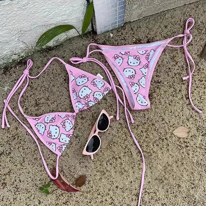 Sanrio Hello Kitty Kawaii Bikinis Set Niedlicher Cartoon Anime Sommer Strand Weiche Seite Riemchenhöschen Kawaii Badeanzug Sexy Bikini Y2k So ist Leben