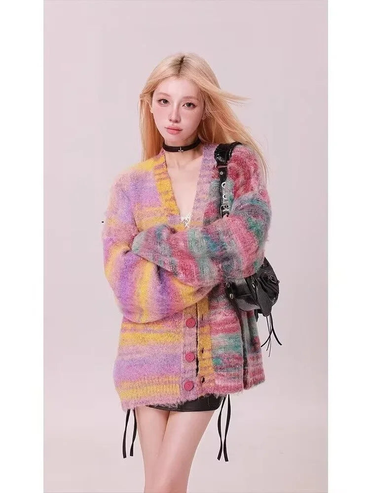 Rainbow Garden Lazy Style Strickjacke, gemischte Fasern, lockere Passform, besticktes Design, lässige koreanische Mode, Damenpullover So ist Leben