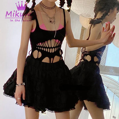 Punk Rock Sexy Cut Out Ärmellose Camis Tank Top Y2k Harajuku Gothic Frauen Elastische Hosenträger Mesh Leibchen Chic Streetwear So ist Leben